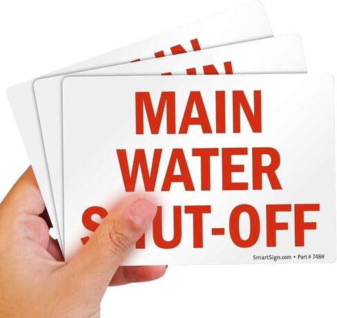 SmartSign 3.5 x 5 inch “Main Water Shut-Off" Emergency Sticker Label, Glossy Finish, 3 mil Laminated Adhesive Polyester, Red and White, Made in USA in Kuwait