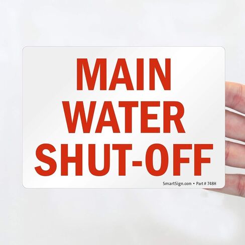 SmartSign 3.5 x 5 inch “Main Water Shut-Off" Emergency Sticker Label, Glossy Finish, 3 mil Laminated Adhesive Polyester, Red and White, Made in USA in Kuwait