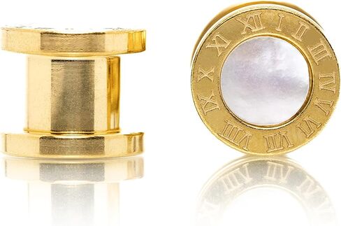 Forbidden Body Jewelry Gauges for Ears, Ear Plug, Tunnels for Ears, Ear Tunnels, Roman Numeral Edge with Mother of Pearl Shell Center Gold PVD 316L Tunnel Ear Gauges.(Size 0G-5/8 Inch) (Sold as Pairs) in Saudi Arabia