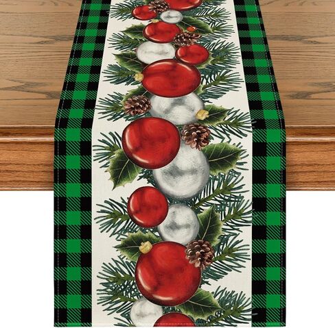 Artoid Mode Black White Buffalo Plaid Xmas Ball Holly Christmas Table Runner, Winter Kitchen Dining Table Decoration for Outdoor Home Party 13x36 Inch in Kuwait