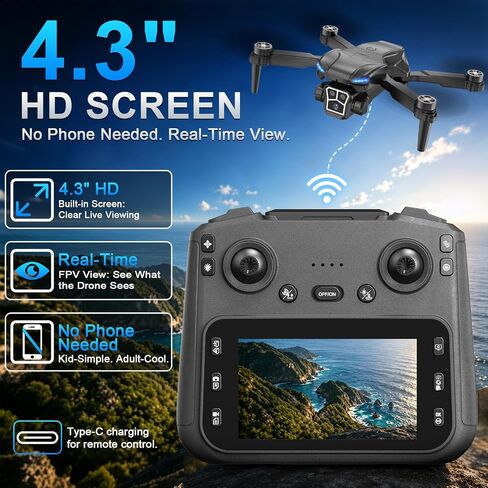 Drone with 2K Camera - 4.3" HD Screen Controller for Beginners, Brushless Motor, 360° Flip, One-Key Takeoff/Landing, One-Key Return, 2 Batteries, 30 Min Flight Time, Gift for Kids & Adults in Kuwait