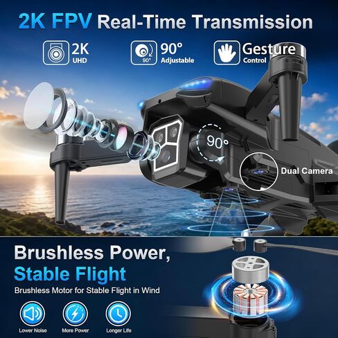 Drone with 2K Camera - 4.3" HD Screen Controller for Beginners, Brushless Motor, 360° Flip, One-Key Takeoff/Landing, One-Key Return, 2 Batteries, 30 Min Flight Time, Gift for Kids & Adults in Kuwait