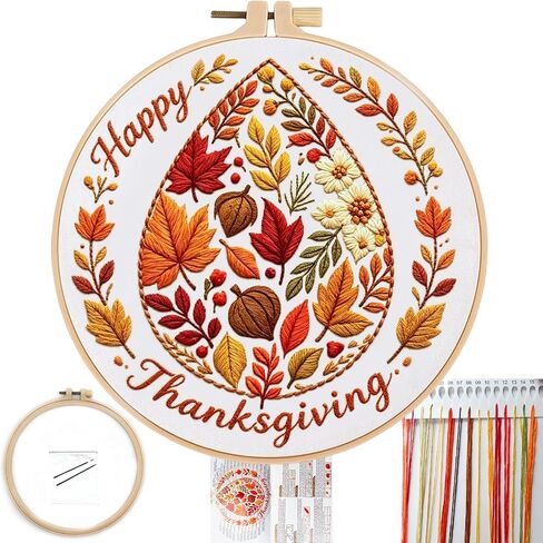 FONNUY Fall Embroidery Kit, Handmade Autumn Wreath Pre-Stamped Pattern for Beginners, Thanksgiving Harvest Home Decor, 8'' Hoop (Pumpkin Book) in Saudi Arabia