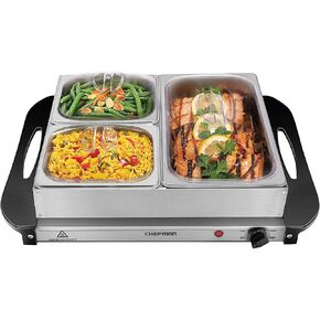 Chefman Electric Buffet Server + Warming Tray w/Adjustable Temperature & 3 Chafing Dishes, Hot Plate Perfect for Holidays, Catering, Parties, Events & Home Dinners, 14" x 14" Surface, Stainless Steel in Saudi Arabia