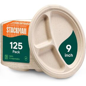 100% Compostable, 3 Compartment, Disposable Paper Plates [125-Pack] - {PFAS Free} - {BPA Certified} - [9 Inch] Heavy Duty Biodegradable Bagasse Sectional Lunch Trays + Dividers - Divided Platte Tray in Saudi Arabia