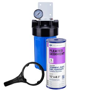 Whole House Water Filter System Housing 10 x 4.5" for Well Water - w/Wrench, Bracket & Pressure Gauge & Release (1" Port) and Pleated Water Filter - Compatible with DuPont WFHD13001B, Omnifilter BF7 in Saudi Arabia