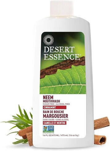 Desert Essence Neem Cinnamint Mouthwash 16 fl oz - Non-GMO, Gluten Free, Vegan, Cruelty Free, Sugar Free, Alcohol Free - Eco-Harvest Tea Tree Oil - Ayurvedic Neem - in Kuwait