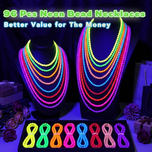 96 Pcs Neon Bead Necklaces 31.5" Glow in the Dark UV Party Bulk for Party in Kuwait