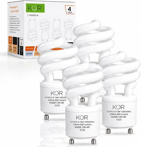 KOR (4 Pack) 13 Watt Mini Spiral - GU24 Base - (60W Equivalent) - T2 Mini-Twist - CFL Light Bulb (Warm White (2700K), CFL) in Kuwait