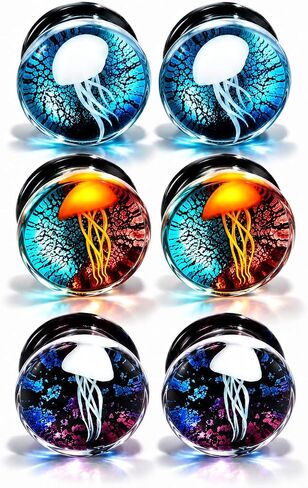 Yungger One Pair / 3 Pairs Glass Plugs Double Flare Saddle Jellyfish Ear Plugs Kit Gauge 0G-5/8 inch in Kuwait