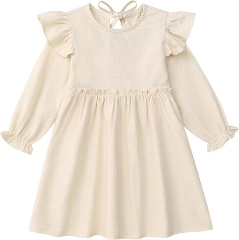 Goodplayer Toddler Girl Cotton Linen Dress Long Sleeve Ruffle Fall Dress Kids Solid Dresses Casual Clothes in Kuwait