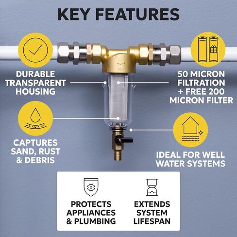 Aquaboon 50 & 200 Micron Reusable Spin Down Sediment Filters for Well Water AB-PF50M | Whole House Sediment Water Filter 1" MNPT+3/4" FNPT - Sediment Trap Pre-Filtration System - Water Prefilter in Kuwait