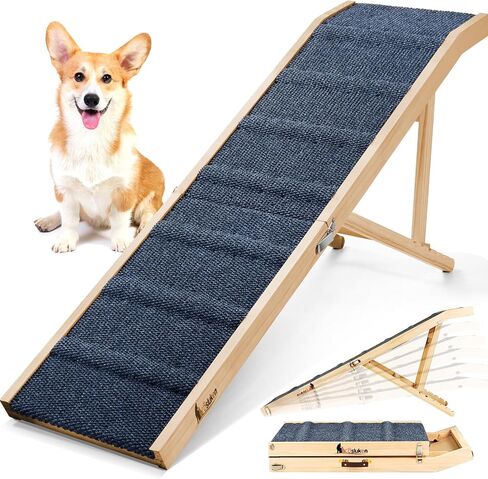 𝟐𝟎𝟐𝟔 𝐔𝐩𝐠𝐫𝐚𝐝𝐞𝐝 Dog Ramp for Bed, 64" Long Foldable Pet Ramp for Small Large Dogs, Dog Ramps for High Beds, High Traction with Platform 6 Adjustable Heights 24" to 30" Up to 220LBS, Wood in Saudi Arabia