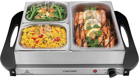 Chefman Electric Buffet Server + Warming Tray w/Adjustable Temperature & 3 Chafing Dishes, Hot Plate Perfect for Holidays, Catering, Parties, Events & Home Dinners, 14" x 14" Surface, Stainless Steel in Kuwait
