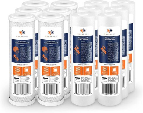 Aquaboon 12-PACK of Reverse Osmosis Sediment & CTO Carbon Filters, Universal 5 Micron 10 x 2.5 inch Cartridges, Compatible with DWC30001, WFPFC8002, FXWTC, WHEF-WHWC, WHKF-WHWC, Pentek DGD series, RFC in Kuwait