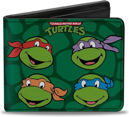 محفظة Nickelodeon الرجالية ذات الإبزيم من البولي يوريثان ثنائية الطي - وجوه مجموعة TMNT الكلاسيكية + هيكل سلحفاة أسود/أخضر، متعدد الألوان، 4.0 بوصة × 3.5 بوصة in Kuwait