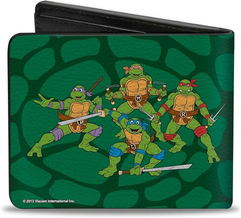 محفظة Nickelodeon الرجالية ذات الإبزيم من البولي يوريثان ثنائية الطي - وجوه مجموعة TMNT الكلاسيكية + هيكل سلحفاة أسود/أخضر، متعدد الألوان، 4.0 بوصة × 3.5 بوصة in Kuwait