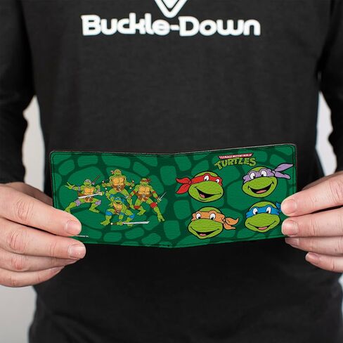 محفظة Nickelodeon الرجالية ذات الإبزيم من البولي يوريثان ثنائية الطي - وجوه مجموعة TMNT الكلاسيكية + هيكل سلحفاة أسود/أخضر، متعدد الألوان، 4.0 بوصة × 3.5 بوصة in Kuwait
