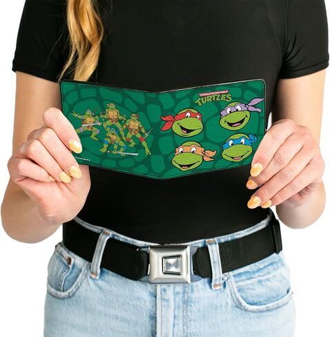 محفظة Nickelodeon الرجالية ذات الإبزيم من البولي يوريثان ثنائية الطي - وجوه مجموعة TMNT الكلاسيكية + هيكل سلحفاة أسود/أخضر، متعدد الألوان، 4.0 بوصة × 3.5 بوصة in Kuwait