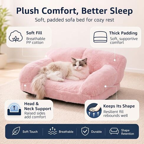 Cat Couch Bed with Removable Cover Washable Pink Small Dog Bed Soft Plush Pet Sofa for Indoor Cats Cute Princess Puppy Cushion, Non-Slip Bottom (Pink, 26x19x13 inch) in Saudi Arabia