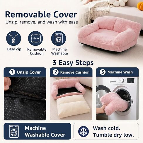 Cat Couch Bed with Removable Cover Washable Pink Small Dog Bed Soft Plush Pet Sofa for Indoor Cats Cute Princess Puppy Cushion, Non-Slip Bottom (Pink, 26x19x13 inch) in Saudi Arabia