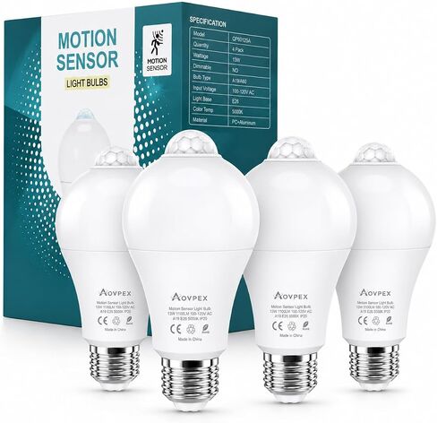 Motion Sensor Light Bulbs Outdoor, 13W(120W Equivalent), Movement Activated Dusk to Dawn Indoor LED Light Bulb, A19 E26 5000K Cool White Security Bulbs for Porch Garage Basement Hallway 4 Pack in Kuwait