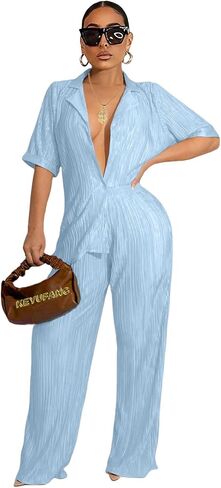 KEYUFANG 2 Piece Outfits for Women 90s Casual Boho Trendy Muse Shirt Wide Leg Pants Solid Daily Pleated Suit in Saudi Arabia