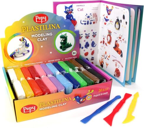 Pepy Plastilina Reusable and Non-Drying Modeling Clay Gift; Set of 24 Bars with Modeling Tools & Tutorial, 2 Each of 12 Colors, 1.4 oz Bars, Perfect for Arts and Crafts Projects in Kuwait