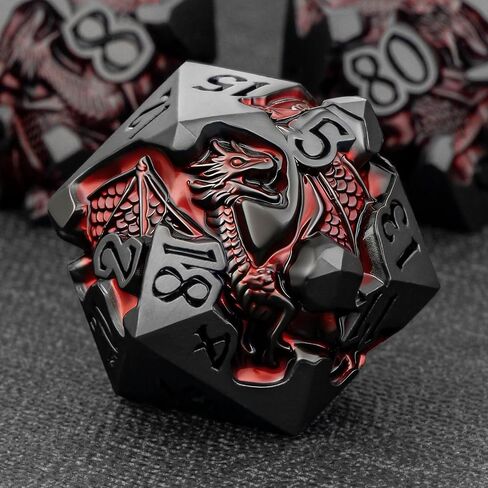 Roycevon Relief Dragon Dice Set for DND Role Playing Game, 7Pcs Metal Dice Set Dungeon Dragon with Gift Box, Polyhedral D and D Dice D20 D12 D10 D8 D6 D4, Red and Black in Saudi Arabia