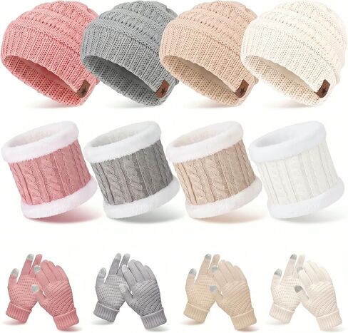 4 Sets Winter Knit Beanie Hat Scarf Touchscreen Gloves Set Soft Slouchy Skull Cap Scarves Touch Screen Mittens for Men Women in Kuwait