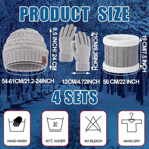 4 Sets Winter Knit Beanie Hat Scarf Touchscreen Gloves Set Soft Slouchy Skull Cap Scarves Touch Screen Mittens for Men Women in Kuwait