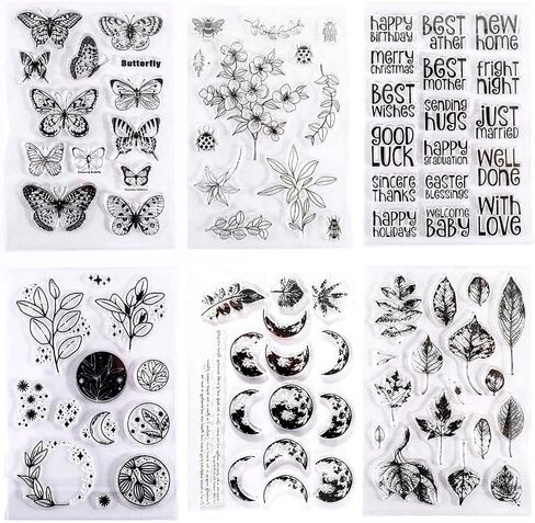 6 Sheets Clear Stamp Silicone Stamp Cards with Greeting Words, Flowers, Leaves, Butterflies, and Moons Pattern for Thanksgiving Christmas Holiday Card Making and DIY Scrapbooking Journaling in Kuwait