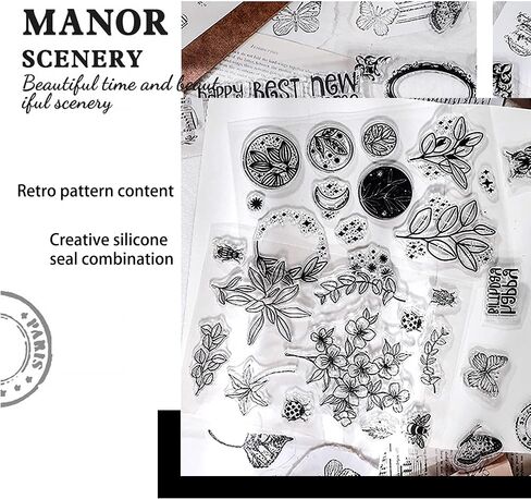 6 Sheets Clear Stamp Silicone Stamp Cards with Greeting Words, Flowers, Leaves, Butterflies, and Moons Pattern for Thanksgiving Christmas Holiday Card Making and DIY Scrapbooking Journaling in Kuwait