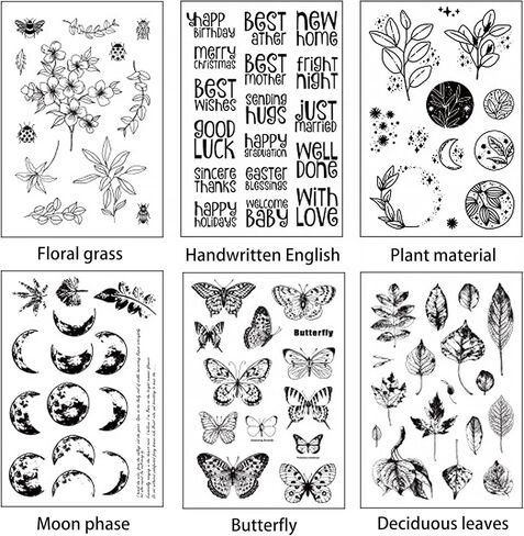 6 Sheets Clear Stamp Silicone Stamp Cards with Greeting Words, Flowers, Leaves, Butterflies, and Moons Pattern for Thanksgiving Christmas Holiday Card Making and DIY Scrapbooking Journaling in Kuwait