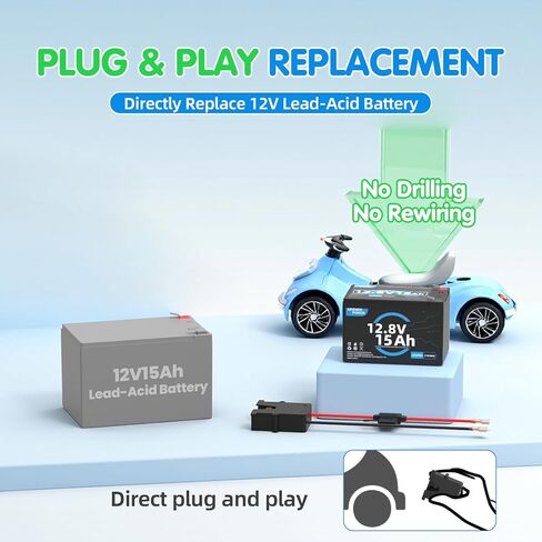 12V 15Ah Lithium LiFePO4 Battery, 20A BMS, Replacement Battery Compatible with Fisher Price Power Wheels 12 Volt Ride-On Vehicles (Not Compatible with ATVs) in Kuwait