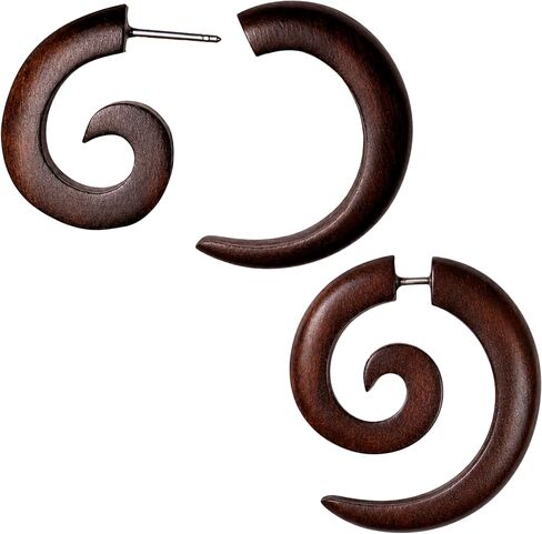 Earth Accessories Spiral Fake Gauges for Women or Men - Faux Gauge Earrings with Organic Wood and Surgical Steel - Fake Plugs Sold as a Pair in Black or Brown in Kuwait