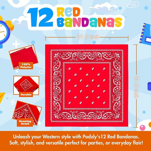 12-Piece Red Western Bandanas - Classic Cowboy Theme Neck Scarf for Multi-Purpose Party Favor Supplies, Costumes, Bulk Handkerchief or Headband Pack for Kids and Adults (20x20 Inch) in Kuwait