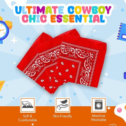 12-Piece Red Western Bandanas - Classic Cowboy Theme Neck Scarf for Multi-Purpose Party Favor Supplies, Costumes, Bulk Handkerchief or Headband Pack for Kids and Adults (20x20 Inch) in Kuwait