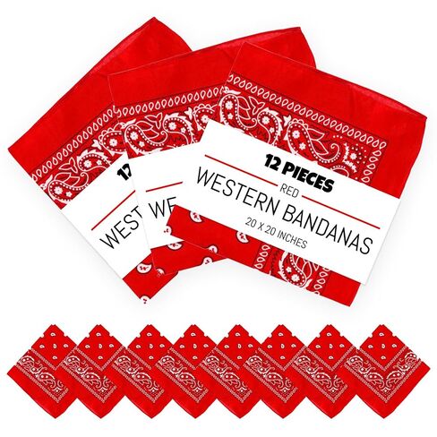 12-Piece Red Western Bandanas - Classic Cowboy Theme Neck Scarf for Multi-Purpose Party Favor Supplies, Costumes, Bulk Handkerchief or Headband Pack for Kids and Adults (20x20 Inch) in Kuwait