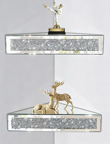 Mirrored Floating Corner Shelf, Silver Mirror Crushed Diamond Decorative Wall Shelf for Home Decoration Crystal Diamond Wall Art Decor Accent Piece Showcase 11.8" L×11.8" W×3.1" H, Set of 2 in Kuwait