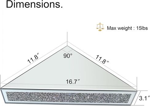 Mirrored Floating Corner Shelf, Silver Mirror Crushed Diamond Decorative Wall Shelf for Home Decoration Crystal Diamond Wall Art Decor Accent Piece Showcase 11.8" L×11.8" W×3.1" H, Set of 2 in Kuwait