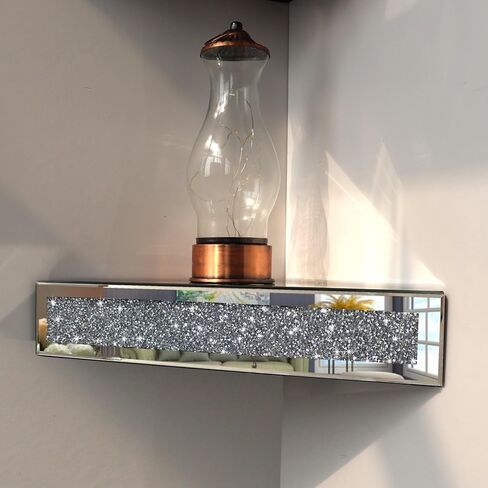 Mirrored Floating Corner Shelf, Silver Mirror Crushed Diamond Decorative Wall Shelf for Home Decoration Crystal Diamond Wall Art Decor Accent Piece Showcase 11.8" L×11.8" W×3.1" H, Set of 2 in Kuwait