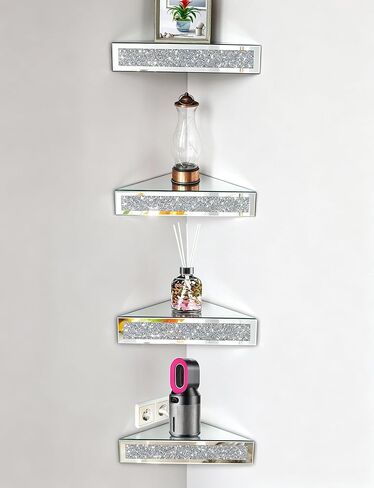 Mirrored Floating Corner Shelf, Silver Mirror Crushed Diamond Decorative Wall Shelf for Home Decoration Crystal Diamond Wall Art Decor Accent Piece Showcase 11.8" L×11.8" W×3.1" H, Set of 2 in Kuwait