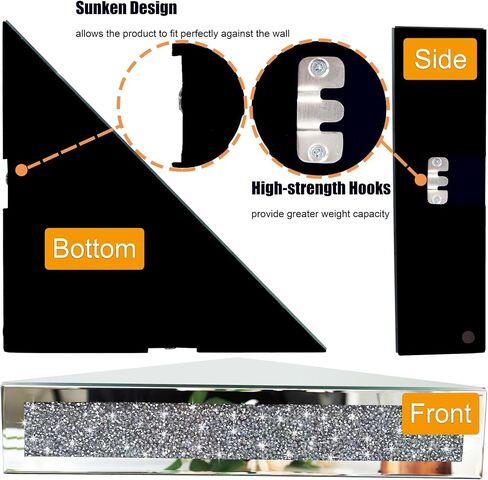 Mirrored Floating Corner Shelf, Silver Mirror Crushed Diamond Decorative Wall Shelf for Home Decoration Crystal Diamond Wall Art Decor Accent Piece Showcase 11.8" L×11.8" W×3.1" H, Set of 2 in Kuwait