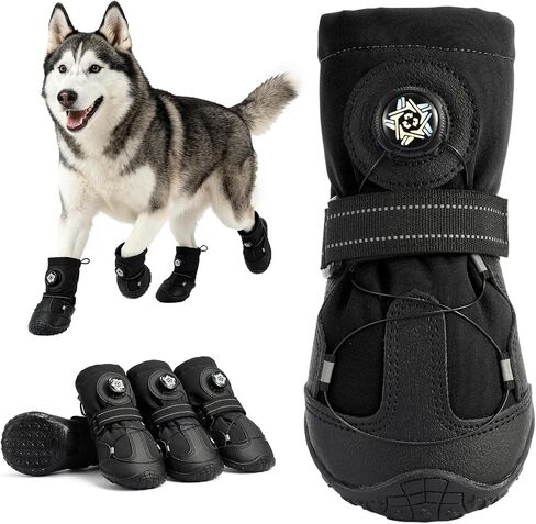 Dog Booties with Micro-Adjustable Dial, Waterproof Dog Shoes for Large Medium Small Dogs, Rugged Non-Slip Rubber Paw Protectors for Hot Pavement and Snow, Hiking 4PCS (Black, Size 7) in Kuwait