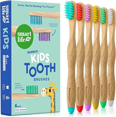 Kids Bamboo Toothbrushes (6 Pack) - Extra Soft Natural Bristles For Kids & Toddlers Teeth | Zero Waste Biodegradable Bulk Wooden Tooth Brush Travel Kit | BPA Free, Eco-Friendly Organic Compostable in Kuwait