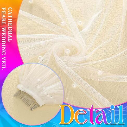 طرحة زفاف Unsutuo Pearl Bride من طبقة واحدة، حجاب كاتدرائية، حجاب من التول للزفاف مع غطاء للرأس للنساء والفتيات (الطول: 118 بوصة، العرض: 59 بوصة، أبيض) in Kuwait