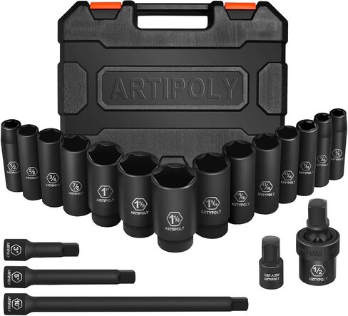 1/2" Drive SAE Deep Impact Socket Set, 19 Piece Cr-V Steel Socket Set SAE Size 3/8" to 1-1/4", Includes Extension Bars, Universal Joint and Adapter, 6 Point Design, Meets ANSI Standards in Kuwait