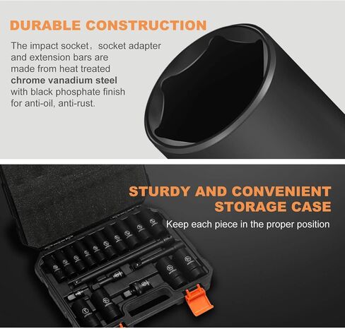 1/2" Drive SAE Deep Impact Socket Set, 19 Piece Cr-V Steel Socket Set SAE Size 3/8" to 1-1/4", Includes Extension Bars, Universal Joint and Adapter, 6 Point Design, Meets ANSI Standards in Kuwait