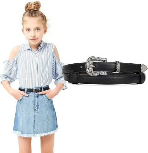 LEACOOLKEY Girls Leather Skinny Belt with Western Buckle for Dress Kids Adjustable Thin Waist Belt for Jeans in Kuwait